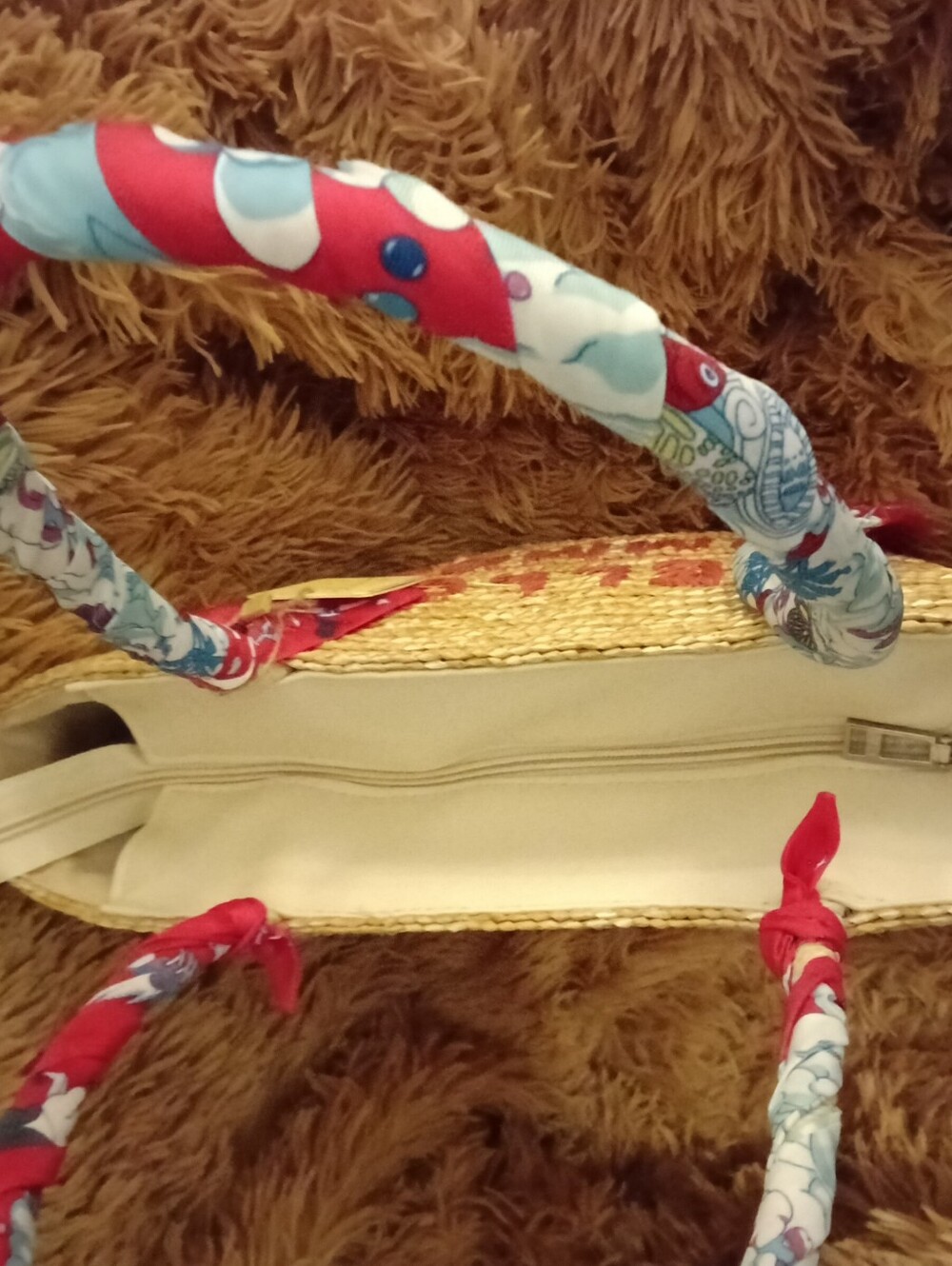 Vintage Havana Straw Tote w/ 'HELLO SUMMER' Script/ Floral-Wrapped Handles NWT - Picture 4 of 4